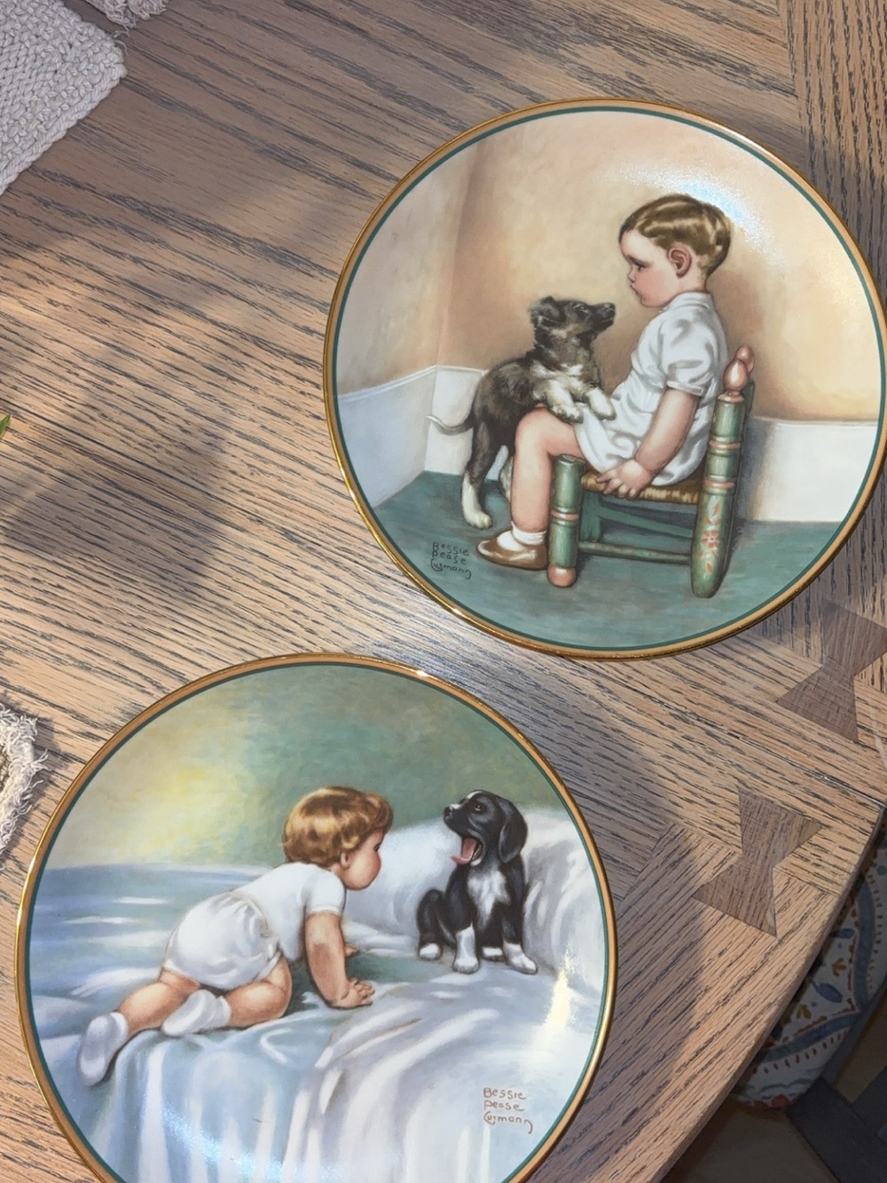 Decorative Nursery Plate Set in Green and Cream - Classic Child & Puppy Scenes